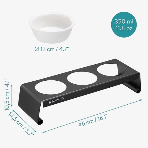 Navaris Elevated Pet Bowls Feeder - Triple Dog Cat Food Bowl Feeding Station - Metal Stand with 3 Stoneware Dishes - for Cats, Dogs, Pets - Dark Gray in Saudi Arabia