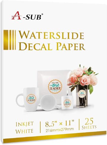ورق ملصق منزلق مائي من A-SUB للطابعات النافثة للحبر 25 ورقة ورق نقل منزلق مائي أبيض مقاس 8.5 × 11 بوصة للأكواب والأكواب والشارات الزجاجية in Kuwait