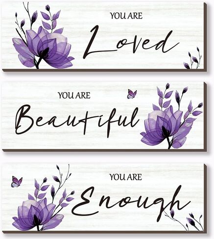 ONIZHITY Set of 3 Purple Bathroom Decor Purple Flower Girl Bedroom Wall Decor with You Are Loved Inspirational Quote Purple Floral for Girl Women Bedroom Living Room Kitchen Office(Purple 12x4) in Saudi Arabia