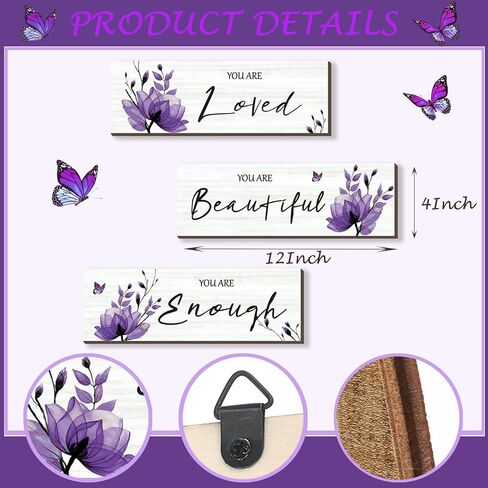 ONIZHITY Set of 3 Purple Bathroom Decor Purple Flower Girl Bedroom Wall Decor with You Are Loved Inspirational Quote Purple Floral for Girl Women Bedroom Living Room Kitchen Office(Purple 12x4) in Saudi Arabia
