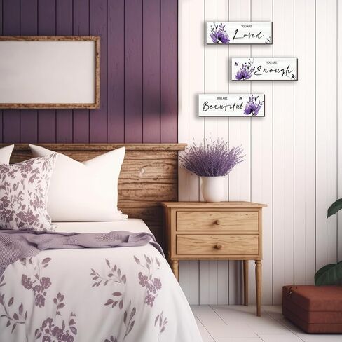 ONIZHITY Set of 3 Purple Bathroom Decor Purple Flower Girl Bedroom Wall Decor with You Are Loved Inspirational Quote Purple Floral for Girl Women Bedroom Living Room Kitchen Office(Purple 12x4) in Saudi Arabia
