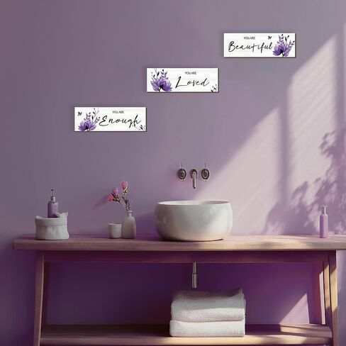 ONIZHITY Set of 3 Purple Bathroom Decor Purple Flower Girl Bedroom Wall Decor with You Are Loved Inspirational Quote Purple Floral for Girl Women Bedroom Living Room Kitchen Office(Purple 12x4) in Saudi Arabia