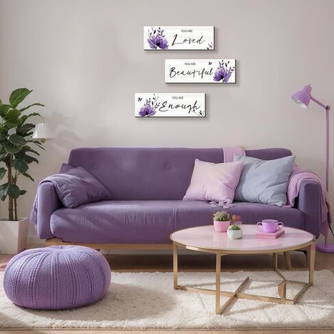 ONIZHITY Set of 3 Purple Bathroom Decor Purple Flower Girl Bedroom Wall Decor with You Are Loved Inspirational Quote Purple Floral for Girl Women Bedroom Living Room Kitchen Office(Purple 12x4) in Saudi Arabia