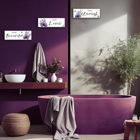 ONIZHITY Set of 3 Purple Bathroom Decor Purple Flower Girl Bedroom Wall Decor with You Are Loved Inspirational Quote Purple Floral for Girl Women Bedroom Living Room Kitchen Office(Purple 12x4) in Saudi Arabia