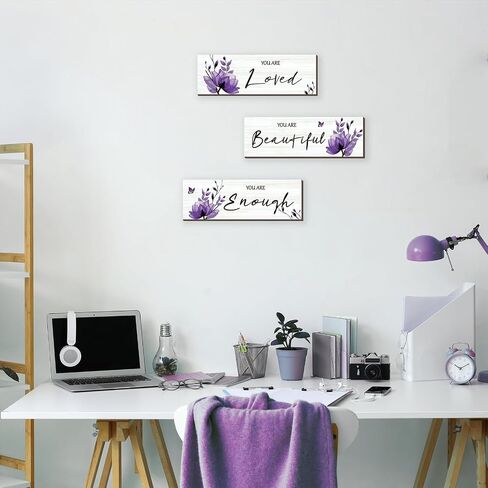 ONIZHITY Set of 3 Purple Bathroom Decor Purple Flower Girl Bedroom Wall Decor with You Are Loved Inspirational Quote Purple Floral for Girl Women Bedroom Living Room Kitchen Office(Purple 12x4) in Saudi Arabia