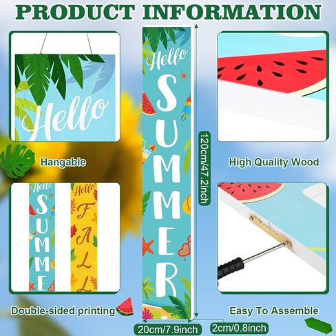 Olgaa Hello Summer Fall Wooden Porch Sign 47" Large Welcome Standing Sign Tulip Front Door Sign Decor for Front Porch Vertical Standing Farmhouse Summer Fall Decorations for Outdoor Garden Home Yard in Saudi Arabia