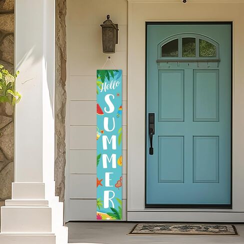 Olgaa Hello Summer Fall Wooden Porch Sign 47" Large Welcome Standing Sign Tulip Front Door Sign Decor for Front Porch Vertical Standing Farmhouse Summer Fall Decorations for Outdoor Garden Home Yard in Saudi Arabia