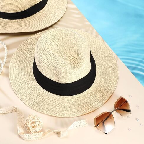 16 Pcs Beach Hats for Women Men Straw Wide Brim Sun Hats Panama Women Summer Beach Sun Wedding Hats with 2 Designs Straw Khaki Hats for Beach Wedding Party Favor Unisex Men Women Travel in Saudi Arabia