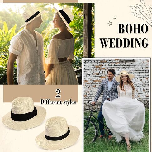 16 Pcs Beach Hats for Women Men Straw Wide Brim Sun Hats Panama Women Summer Beach Sun Wedding Hats with 2 Designs Straw Khaki Hats for Beach Wedding Party Favor Unisex Men Women Travel in Saudi Arabia