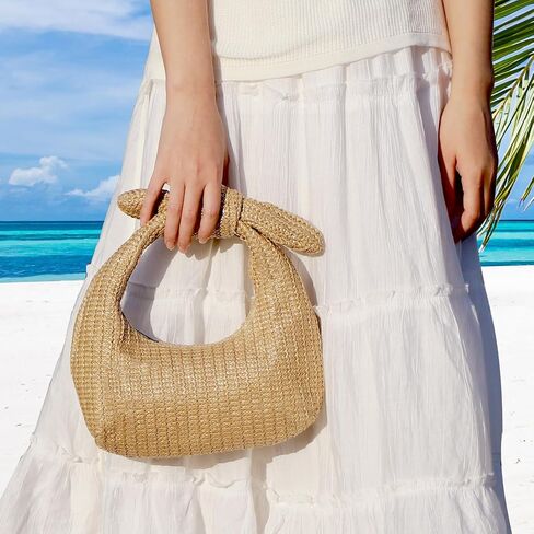 KOOIJNKO Knotted Straw Clutch Purse Bow Summer Beach Bag Dumpling Evening Handbag in Saudi Arabia