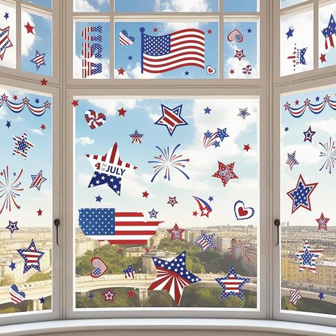 9 Sheets Patriotic Window Clings 4th of July USA Flag Stars Firework Window Stickers Retro Double-Sided Independence Day Memorial Day Window Decals Decor for Home Office Party Glass Supplies in Kuwait