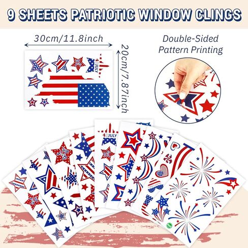 9 Sheets Patriotic Window Clings 4th of July USA Flag Stars Firework Window Stickers Retro Double-Sided Independence Day Memorial Day Window Decals Decor for Home Office Party Glass Supplies in Kuwait
