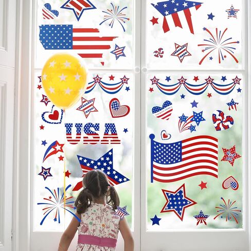 9 Sheets Patriotic Window Clings 4th of July USA Flag Stars Firework Window Stickers Retro Double-Sided Independence Day Memorial Day Window Decals Decor for Home Office Party Glass Supplies in Kuwait