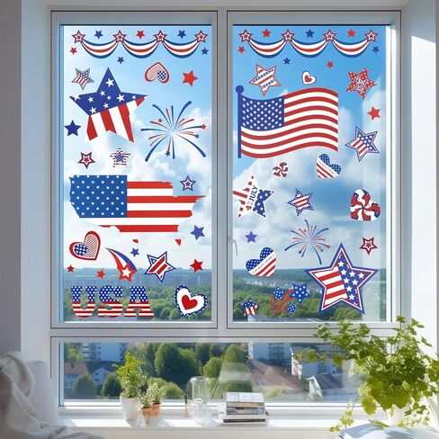 9 Sheets Patriotic Window Clings 4th of July USA Flag Stars Firework Window Stickers Retro Double-Sided Independence Day Memorial Day Window Decals Decor for Home Office Party Glass Supplies in Kuwait