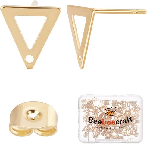 Beebeecraft 1 Box 80Pcs 4 Style 24K Gold Plated Stud Earring Findings Stainless Steel Triangle Oval Rhombus Flat Round Stud Earring Posts with Loop and Ear Nuts for Women Jewelry Making in Saudi Arabia
