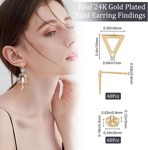Beebeecraft 1 Box 80Pcs 4 Style 24K Gold Plated Stud Earring Findings Stainless Steel Triangle Oval Rhombus Flat Round Stud Earring Posts with Loop and Ear Nuts for Women Jewelry Making in Saudi Arabia