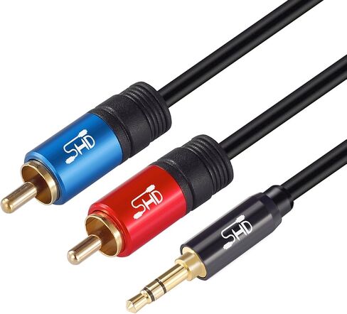 SHD 3.5 مم Aux إلى 2RCA Y كابل صوت ستيريو مقسم ذكر نوع OFC موصل بولي كلوريد الفينيل عالي المرونة حماية مزدوجة مطلية بالذهب غلاف معدني عالي الجودة - أسود 15 قدم/5 متر in Kuwait