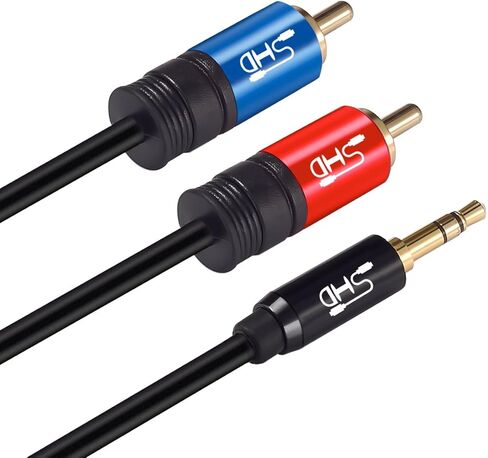 SHD 3.5 مم Aux إلى 2RCA Y كابل صوت ستيريو مقسم ذكر نوع OFC موصل بولي كلوريد الفينيل عالي المرونة حماية مزدوجة مطلية بالذهب غلاف معدني عالي الجودة - أسود 15 قدم/5 متر in Kuwait