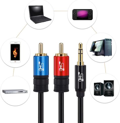 SHD 3.5 مم Aux إلى 2RCA Y كابل صوت ستيريو مقسم ذكر نوع OFC موصل بولي كلوريد الفينيل عالي المرونة حماية مزدوجة مطلية بالذهب غلاف معدني عالي الجودة - أسود 15 قدم/5 متر in Kuwait