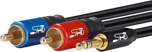 SHD 3.5 مم Aux إلى 2RCA Y كابل صوت ستيريو مقسم ذكر نوع OFC موصل بولي كلوريد الفينيل عالي المرونة حماية مزدوجة مطلية بالذهب غلاف معدني عالي الجودة - أسود 15 قدم/5 متر in Kuwait