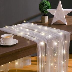 10 قدم 64 × 120 بوصة تنورة طاولة من التول الأبيض مع أضواء LED، لؤلؤة بيضاء من الشيفون، مفرش طاولة من التول الأبيض، ديكور طاولة الزفاف على شكل قلب، ديكورات قوس الزفاف من اللؤلؤ الأبيض، خارج حفل الزفاف