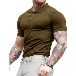 Men's Muscle Polo Shirts Short Sleeve Casual T- Shirts Slim Fit Stretch Ribbed Golf Tops