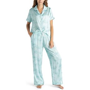 Hello Mello Beauty Sleep Satin Button-Down Pajama Lounge Shirt & Lounge Pajama Pants For Women - Leaf Me Alone, Medium/Large