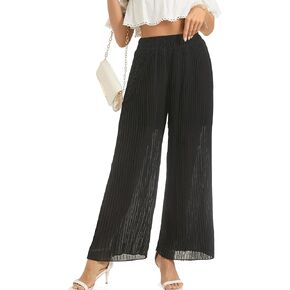 Women's Wide Leg Dress Pant High Waist Casual Flowy Boho Trousers Pleated Chiffon Elastic Waist Pants