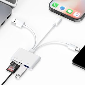 SD Card Reader for iPhone/iPad, Lightning+Type C+USB A Connector to SD/TF Card Adapter for SD SDHC SDXC/Micro SD, 4-in-1 Micro SD Card Reader and USB OTG Adapter Type C Charging for iPhone/Mac