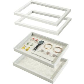 2Pcs Grey Beige Velvet Blank Jewelry Tray with Glass Lid, Large Storage Tray for Rings Earrings Necklaces Bracelets Watches Display, for Home or Selling Show