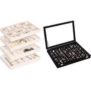4 Jewelry Organizer Drawer Insert, Stackable Velvet Jewelry Tray Organizer Display Case Storage Containers, Ring Organizer for Jewelry, Ring Holder Box with Clear Lid, Dustproof Velvet Rings Display