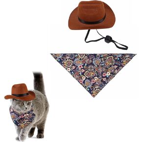 2 Pieces Pet Western Cowboy Costume Set,Adorable Cat and Dog Western Cowboy Hat with Adjustable Elastic Chin Strap and Bandana, for Puppy Kitten Party Cosplay Daily Wearing (Small)