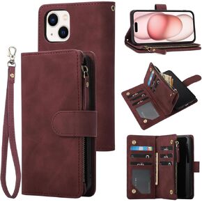 RANYOK Wallet Case for iPhone 15 (6.1 inch) with RFID Blocking Credit Card Holder, Premium PU Leather [Zipper Pocket] Flip Folio Case Wallet with Wrist Strap Kickstand Protective Case (Blue)