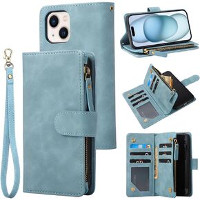 RANYOK Wallet Case for iPhone 15 (6.1 inch) with RFID Blocking Credit Card Holder, Premium PU Leather [Zipper Pocket] Flip Folio Case Wallet with Wrist Strap Kickstand Protective Case (Blue)