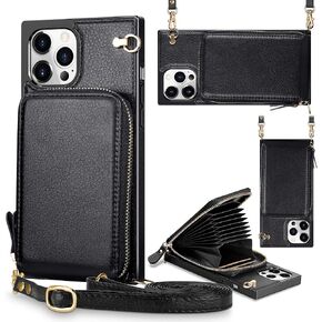 JAKPAK Compatible with iPhone 12 Pro Max Case Wallet Zipper Leather Case with Card Holder Slots Protective Square Cover with Lanyard Shockproof Case Compatible with iPhone 12 Pro Max 6.7inch Black