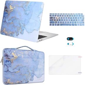 MOSISO Compatible with MacBook Air 13 inch Case 2022, 2021, 2020-2018 Release A2337 M1 A2179 A1932 Retina, Plastic Watercolor Marble Hard Case&Bag&Keyboard Skin&Webcam Cover&Screen Protector, Blue