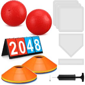 Poen 19 Pcs Sports Kickball Set, Including 2 Pcs 10 Inch Playground Ball with Air Pump 5 Pcs Rubber Bases 10 Pcs Foul Marker Discs and a Flip Scoreboard for Kids Adults Boy Girl Outdoor Backyard Game