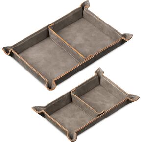 Navaris Faux Leather Tray Set - 2 Valet Organizer Trays for Bedside Table Desk with Dividers- Store Keys, Change, Wallet, Phone, Glasses - Gray
