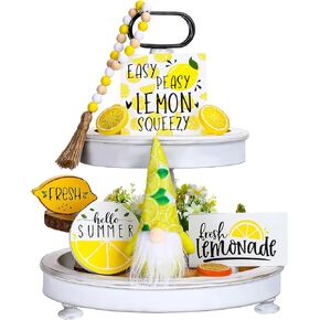 Queekay 10 Pieces Lemon Tiered Tray Decor Set Including Gnomes Plush Dolls Lemon Farmhouse Wood Signs Faux Lemons Lemon Beaded Garland Lemon Themed Home Kitchen Decorations Spring Summer Decor