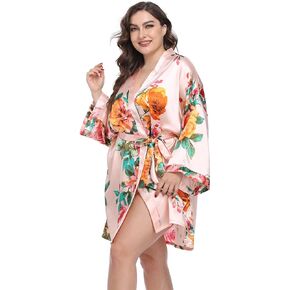 Women's Plus Size Floral Kimono Robe Cover up Short Satin Bathrobe Bridesmaid Party Dressing Gown