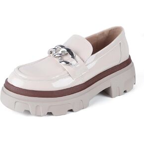 ADAMUM المتسكعون للنساء العروة وحيد منصة منتصف مكتنزة المتسكعون الكلاسيكية جولة اصبع القدم الانزلاق على مكتب سلسلة أحذية جلدية بدون كعب مريحة بيني عارضة الأحذية in Kuwait