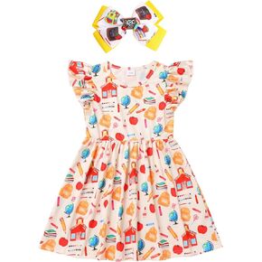 IDOPIP Back to School Dress for Girls Toddler Baby Print Casual Birthday Party Dress Headband First Day of School Outfits
