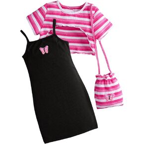 Floerns Toddler Girl's 3 Piece Stripe Super Crop Top Tee Cami Dress with Crossbody Bag