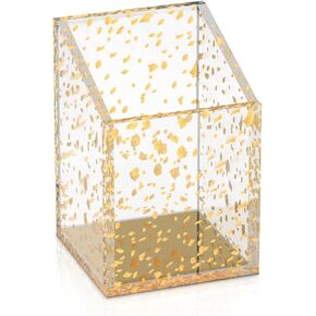 Modern Acrylic Pen Holder with 2 Compartments Gold Base, Multifunctional Pencil Holder for Desk Gold Mirror, Makeup Brush Holder, Marker Holder for Office, Classroom, Home