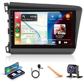 Android Car Radio Stereo for Honda Civic 2012 2013 2014 2015, Wireless CarPlay Android Auto, poofo Android Car Stereo with 9" Touch Screen Bluetooth GPS WiFi HiFi Audio USB SWC Backup Camera