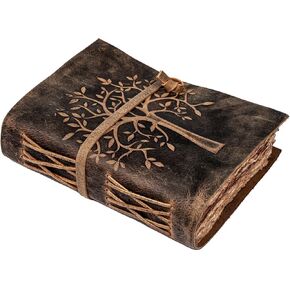 قرية الجلود مجلة جلدية خمر شجرة الحياة - مجلة جلدية ملزمة - ورقة حافة Deckle خمر - كراسة الرسم - مجلة للنساء والرجال - كتاب الظلال (بني متعثر، 8 بوصات × 6 بوصات) in Kuwait