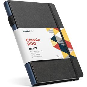 Thick Blank Journal Notebook with Unlined / Unruled / Plain Pages | Deluxe 120gsm Ink Resistant Paper for Writing, Sketch Book, 160 Pages | Hardcover Sketchbook with Pen Holder, Pocket, Ribbon (Black)