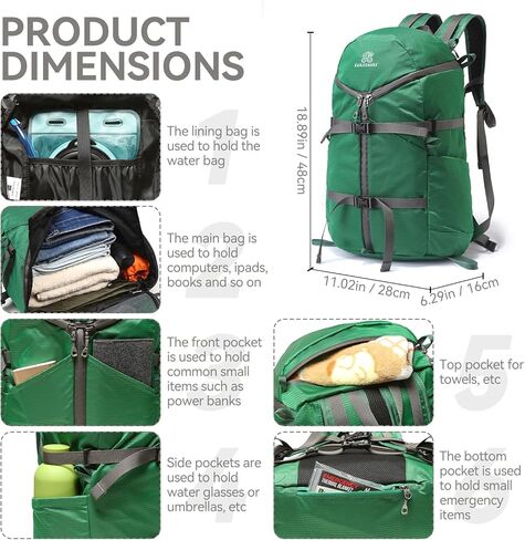 حقيبة ظهر للمشي لمسافات طويلة سعة 30 لترًا خفيفة الوزن ومقاومة للماء وقابلة للتعبئة، حقيبة نهارية مصممة على شكل حرف Y للسفر والتخييم والمشي لمسافات طويلة في الهواء الطلق للرجال والنساء in Kuwait