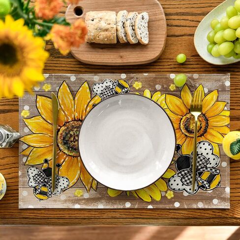 وضع Artoid الخشب عباد الشمس النحل زهرة البولكا نقطة الصيف المفارش مجموعة من 4، 12x18 بوصة الحصير الجدول لعداء الجدول حزب المطبخ الطعام الديكور in Saudi Arabia