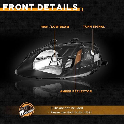 for 1999-2000 Honda Civic 2/3/4 Door Headlights Models Headlight Pair Headlamp Black Housing Amber Reflector Left+Right Side in Saudi Arabia